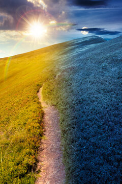 day meet night. summer landscape. mountain path through the grassy slope uphill to the sky. epic view. sun and moon over hiking trail path through borzhava ridge. ukraine mountains harmony concept