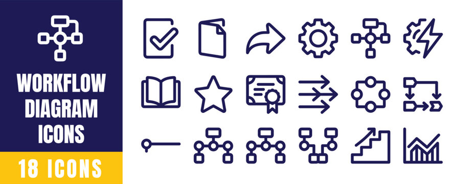 Workflow Diagram Line Icons Set &mdash; Process Flow, Decision Tree, Task Sequence and Automation Symbols for Business and Tech Design