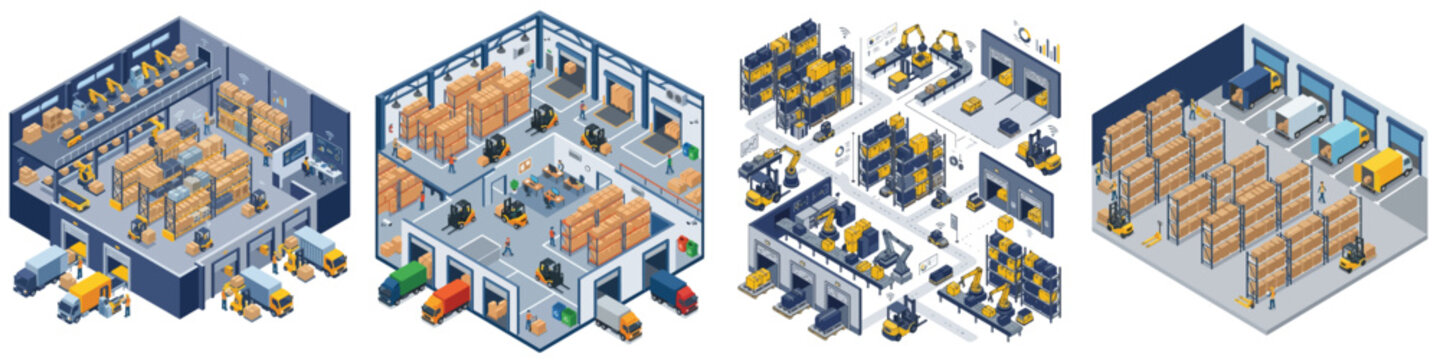 Isometric warehouse interior views showcasing logistics, storage, and distribution operations with forklifts and cargo