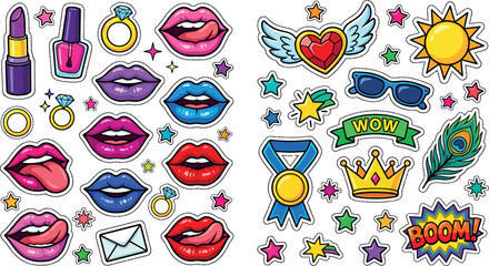 Colorful Pop Art Vector Sticker Set with Fashion Lips Makeup Accessories Crown Hearts and Comic Expressions for Youth Graphic Designs © DabashChandra