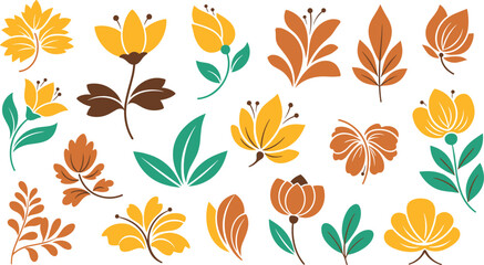 Obraz premium Autumn floral elements set with stylized flowers and leaves in warm tones, flat vector botanical collection isolated on light background
