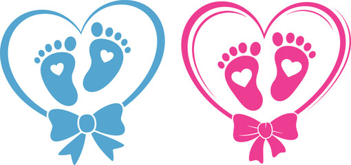 Fototapeta premium Baby footprint heart icons with bow in pink and blue for newborn announcement and gender reveal design