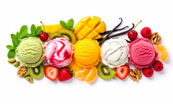 Assorted Ice Cream Scoops with Fresh Fruits and Ingredients Isolated on White Background