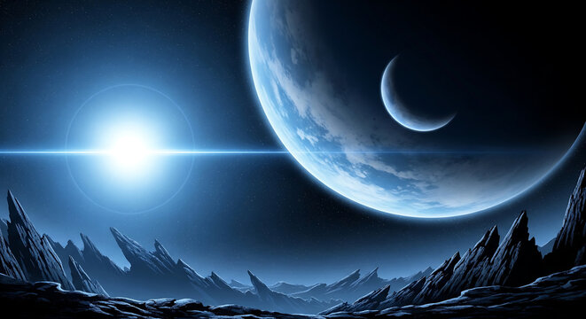 Epic cosmic landscape featuring a distant twin planet and glowing sunrise over alien jagged mountains under a surreal blue sky