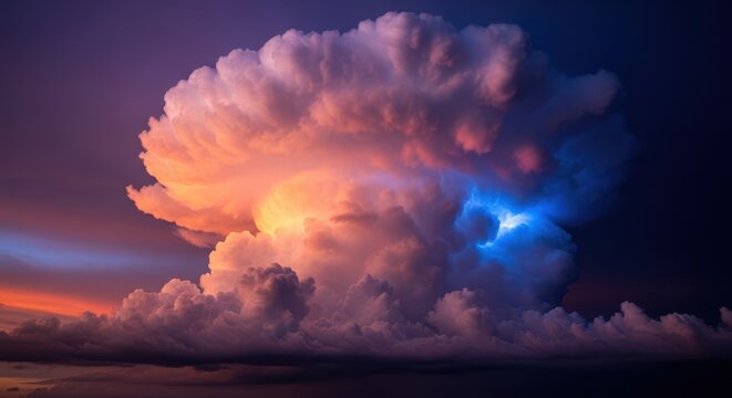Dramatic structure of a towering cumulonimbus cloud mass during a severe weather event, showcasing powerful atmospheric convection, pressure, rain, turbulent