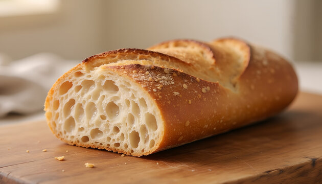 Close-up of a freshly baked artisan sourdough baguette cut in half on a wooden board