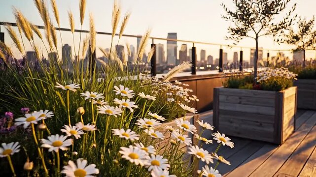A rooftop garden filled with blooming lavender and white daisies in wooden planters, with a blurred cityscape and a calm body of water in the background during golden hour