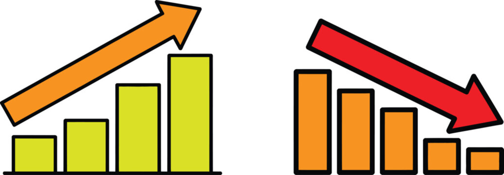 Growing and falling bar graph vector illustration with arrows indicating progress and decline.
