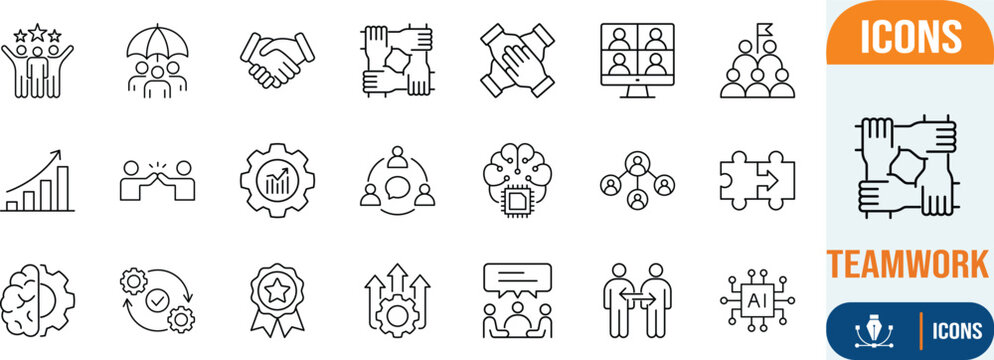 Corporate teamwork success strategy growth icons. team icon set, gear icon set, brain icon set