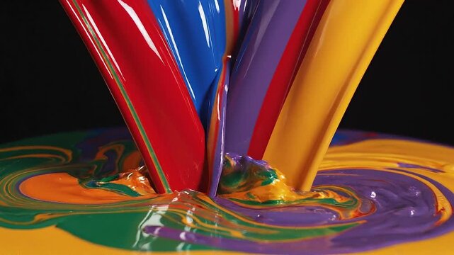 Vibrant streams of liquid paint in primary and secondary colors including red green blue purple and yellow pouring and swirling together creating a dynamic abstract pattern on a dark background