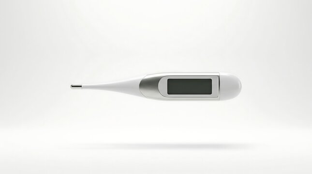 Pristine modern digital medical thermometer suspended in mid-air over a pure white studio background.