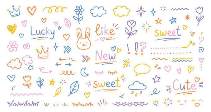 Colorful whimsical doodles with cute words and symbols on white background for creative design