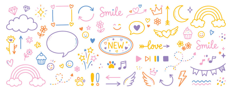 Colorful doodle stickers with smiley faces hearts flowers and rainbows on white background for decoration and design