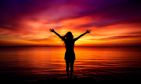 Woman silhouetted at sunset with arms raised in celebration by the ocean