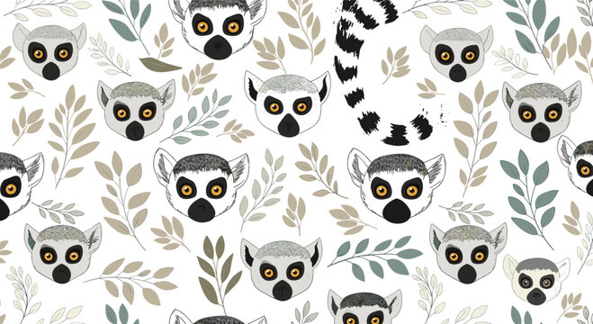 Seamless pattern featuring cute lemur faces and various types of green and brown leaves on a clean white background.