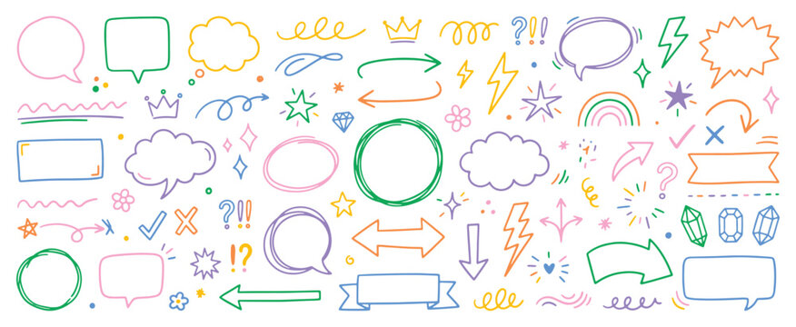 Colorful hand drawn speech bubbles icons and symbols for social media and design including arrows stars and clouds on white background