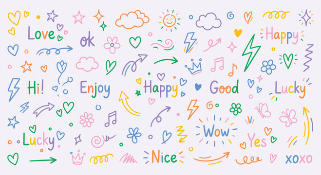 Colorful hand drawn doodles and words on white background including happy love lucky enjoy nice wow with arrows hearts stars and music notes creating a playful and positive vibe