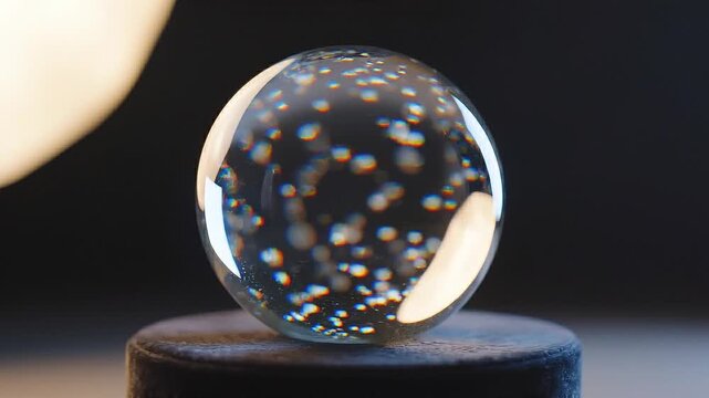 A clear glass sphere filled with small, colorful bokeh lights resting on a dark velvet pedestal with soft lighting and reflections