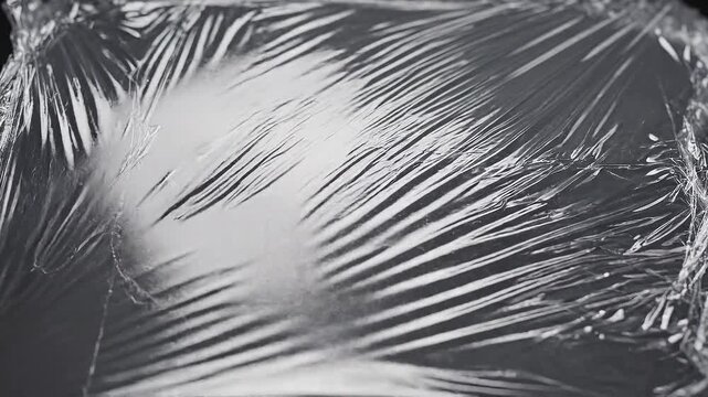 Close-up of a crumpled sheet of clear plastic wrap with strong light reflections creating a textured, abstract background pattern
