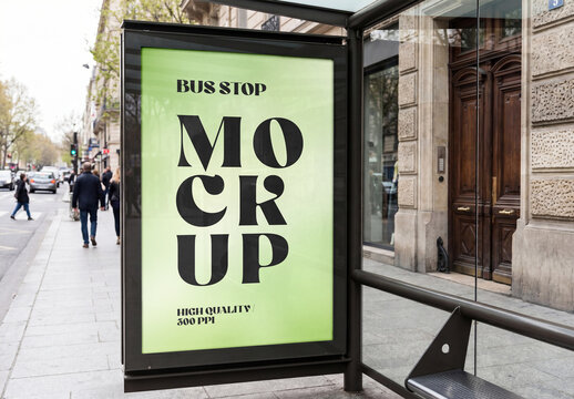Vertical bus stop billboard mockup on a city street sidewalk with pedestrians and classic architecture buildings background