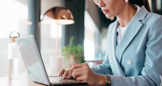 Typing, hands or businesswoman with laptop in cafe, remote work or review for expenses evaluation. Coffee shop, smile or financial planner with feedback for wealth generation tips, freelancer or pc