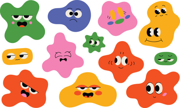 Set of funny cartoon amoebas. cute microbes with various facial expressions vector illustration