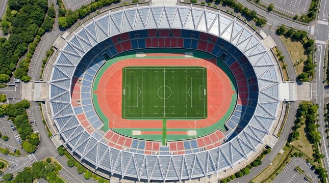 Aerial Top-Down View of a Modern Professional Stadium with Soccer Field and Athletics Track