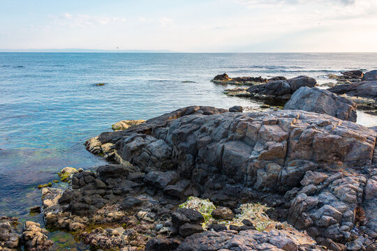 sea coast with stones and rocks. summer vacation background. seascape in the morning light. relaxing at the sea. coast of bulgaria