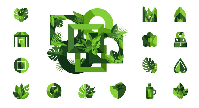 Abstract green geometric shapes with tropical leaves creating a modern nature-inspired design.