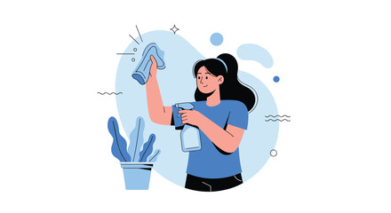 Fototapeta premium Young woman wearing a blue t-shirt is busy cleaning and disinfecting surfaces with a spray bottle and a cloth in a modern flat vector illustration.