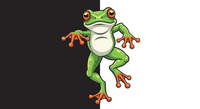 A cartoon red-eyed tree frog jumping.