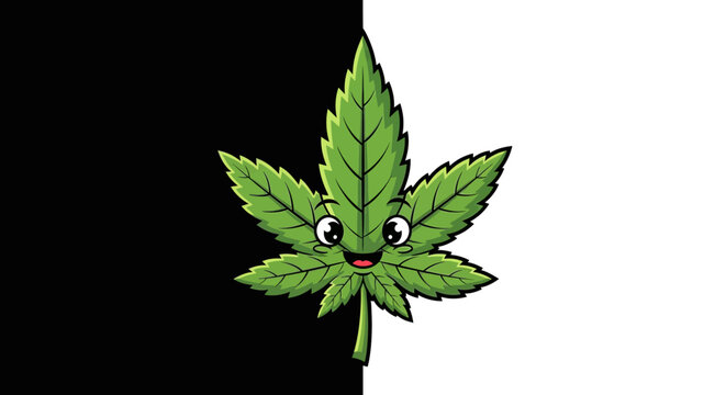 A cartoon cannabis leaf with a smiling face on a black and white background.