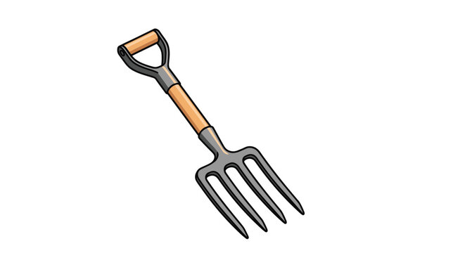 Heavy duty garden pitchfork with a wooden handle and four metal tines is illustrated in a clean vector cartoon style for gardening and farming themes.