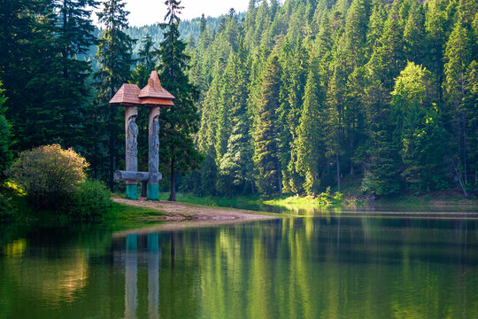 landscape with mountain lake of synevyr national park. green carpathian nature scenery in summer. coniferous forest reflection on the water. popular travel destination of ukraine in the afternoon