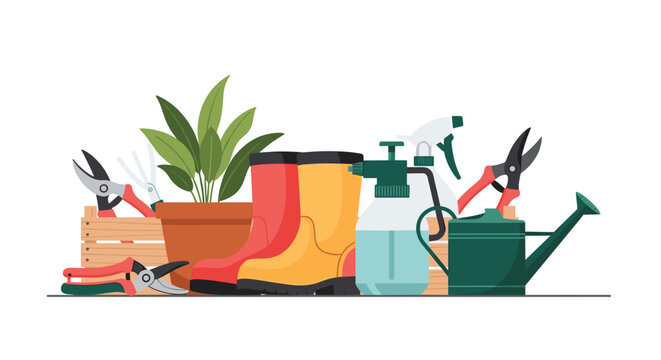 Set of essential gardening tools including boots, a watering can, spray bottle, and pruning shears is arranged neatly for garden care and landscaping themes.