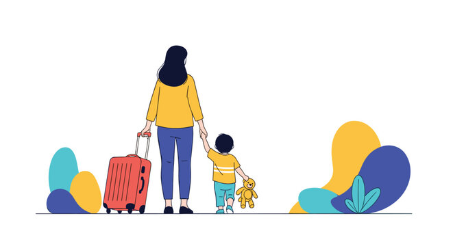 Mother and her young son walking away with a red suitcase and a teddy bear represent family travel, vacation, or starting a new journey together.