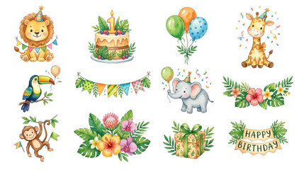 Fototapeta premium Cute watercolor tropical birthday animals clipart with balloons and party elements. Collection of Vector illustrations for invitation, card, poster, banner, decoration