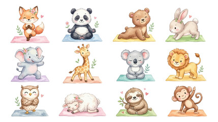 Fototapeta premium Cute watercolor yoga animals clipart with meditation poses and pastel mats. Collection of Vector illustrations for invitation, card, poster, banner, decoration