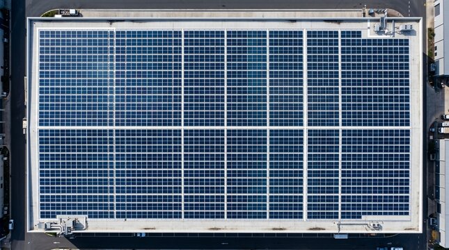 Aerial Top Down View of Large Industrial Warehouse Roof Covered with Solar Panels for Renewable Energy