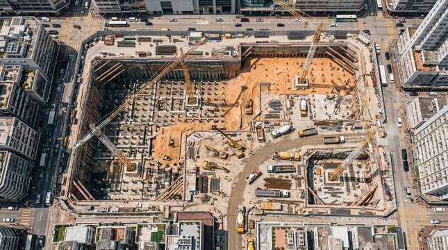 Aerial Top Down View of a Large Urban Construction Site with Cranes and Heavy Machinery in a Busy City Center