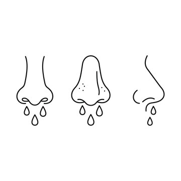 Runny nose outline icons set of human nose with mucus drops for flu and allergy editable vector solid illustration