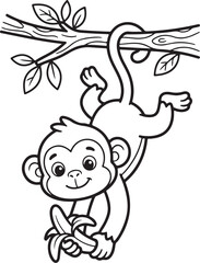Obraz premium Coloring page for kids, monkey cartoon illustration, funny ape hanging on tree branch, banana fruit, jungle animal line art, vector outline drawing, preschool activity book, cute animal character
