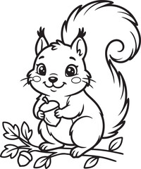 Fototapeta premium Cute squirrel coloring page for kids, cartoon animal line art, woodland creature vector illustration, children's activity worksheet, forest animal outline, black and white coloring book graphic