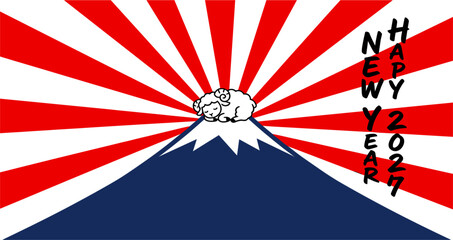 Fototapeta premium Japanese New Year 2027 Vector Illustration with Sleeping Ram on Mount Fuji Peak Against a Red and White Rising Sun Rays Background