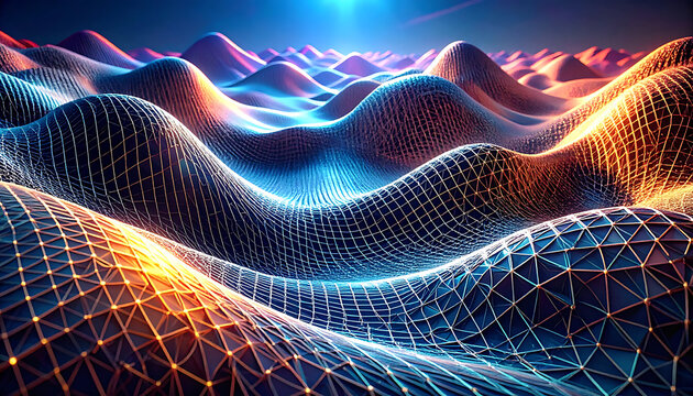 Abstract landscape of glowing digital data points forming undulating hills and valleys with a wireframe mesh, illuminated by warm and cool light, representing information flow and technology