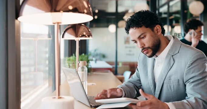 Businessman, tablet and remote work in cafe with laptop, reading and typing report for tax return. Accountant, person and scroll in restaurant with tech, wealth management or revenue service website.