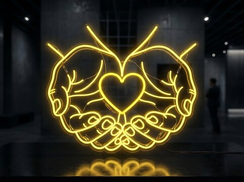 Illuminated neon sign depicting two hands forming a heart shape with glowing yellow light in a modern gallery setting