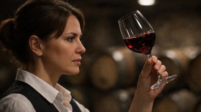 Expert inspecting quality of red wine in glass