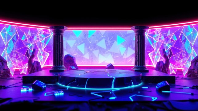 Neon stage design. Columns frame fractured geometric backdrop. Dark setting emphasizes vibrant pinks, blues, glowing lines. Dramatic lighting creates futuristic vibe.