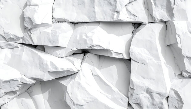 Abstract texture of rough fractured white stone blocks in daylight, natural geological formation pattern, raw material surface